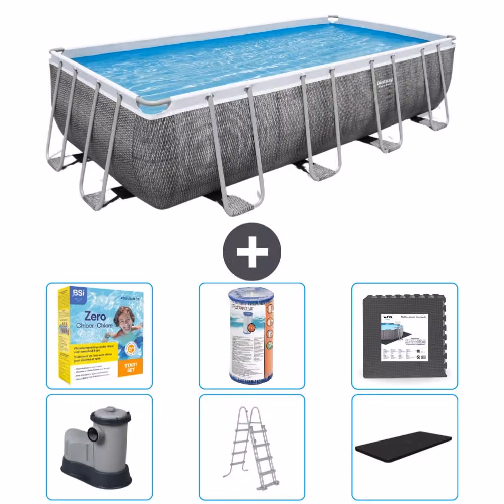 Piscina rettangolare Power Steel Bestway - stampa rattan - 549 x 274 x 122 - inclusa pompa - scaletta - copertura pacchetto manutenzione - filtro - pavimento in piastrelle