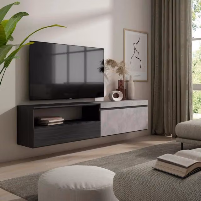 Mobile TV, 200x35x45cm, soggiorno, Per TV fino a 80", da appendere, grigio cemento RF2234