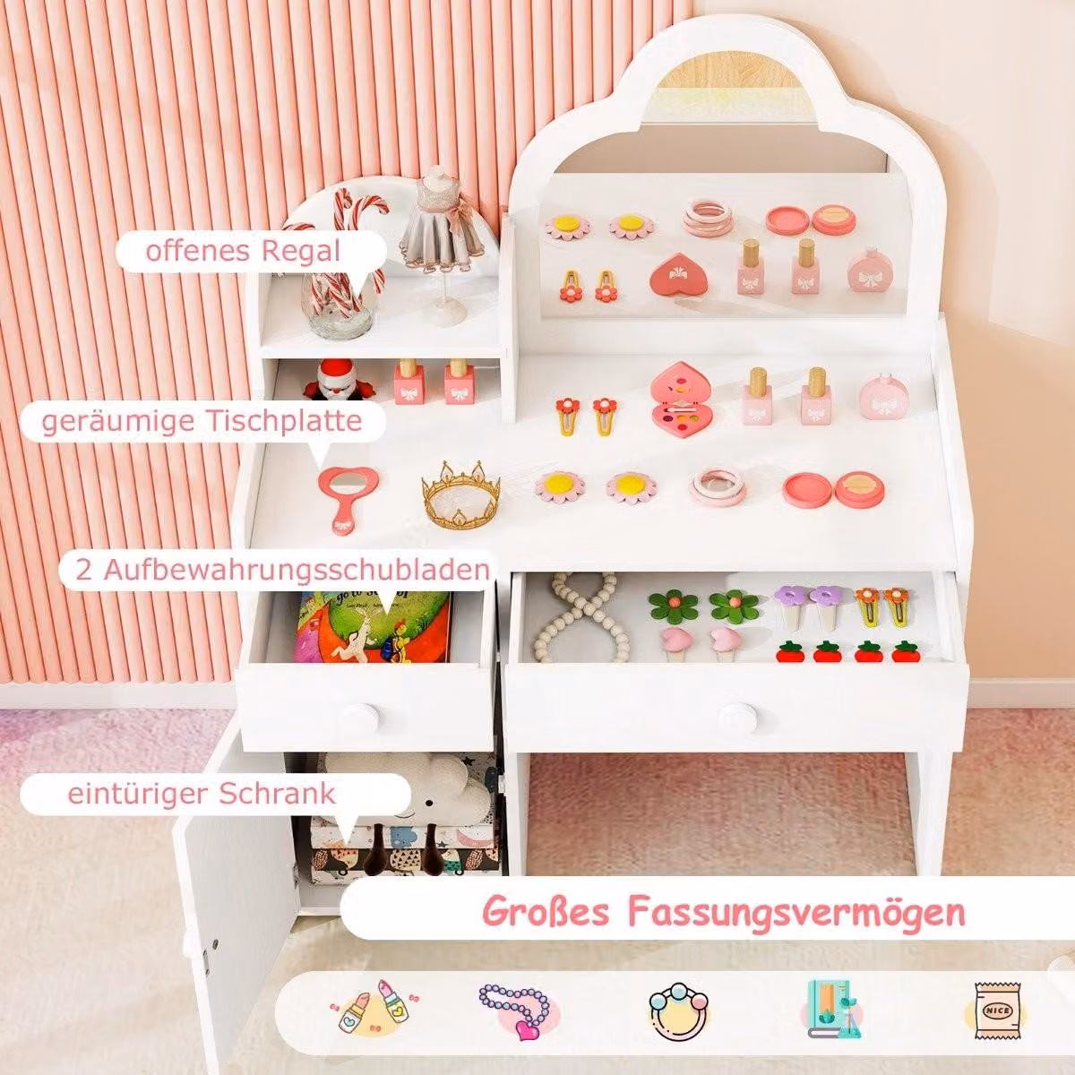 Toeletta per bambini Toeletta 2 in 1 a forma di nuvola con sgabello tavolo cosmetico bianco