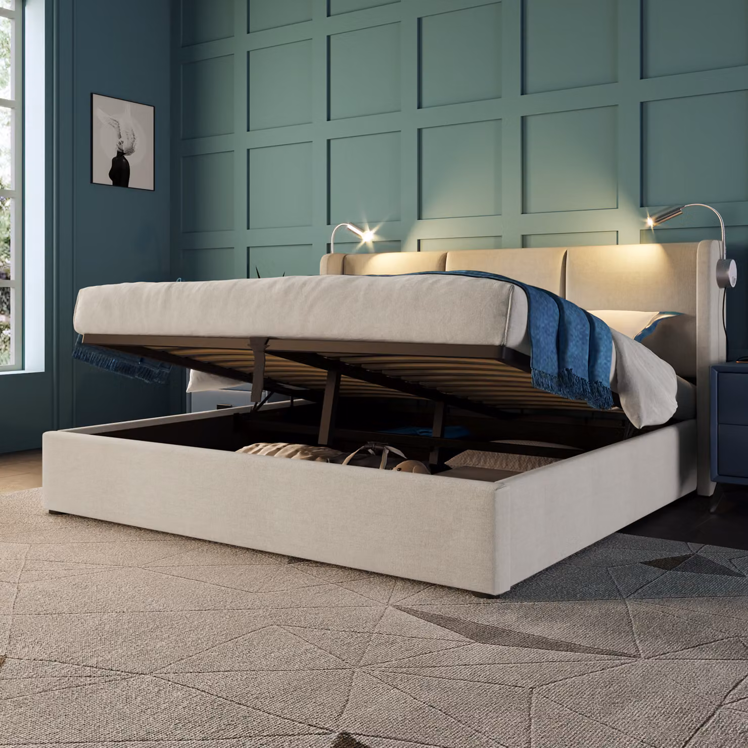 Letto imbottito Sweiko letto matrimoniale con luce di lettura e funzione di ricarica USB, letto contenitore con testata e rete a doghe in Pelle finta Beige 140x200cm (senza materasso)