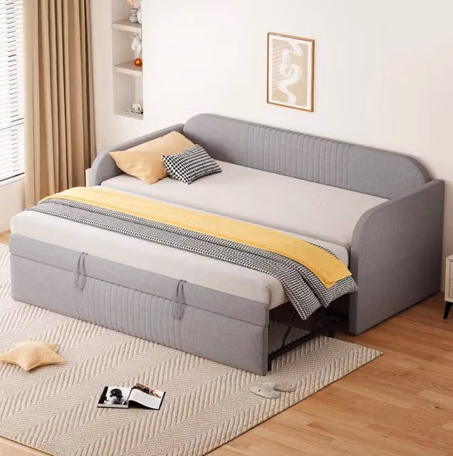 Divano letto imbottito ULEVR 90x190/180x190 cm estraibile con meccanismo idraulico e rete a doghe, grigio chiaro