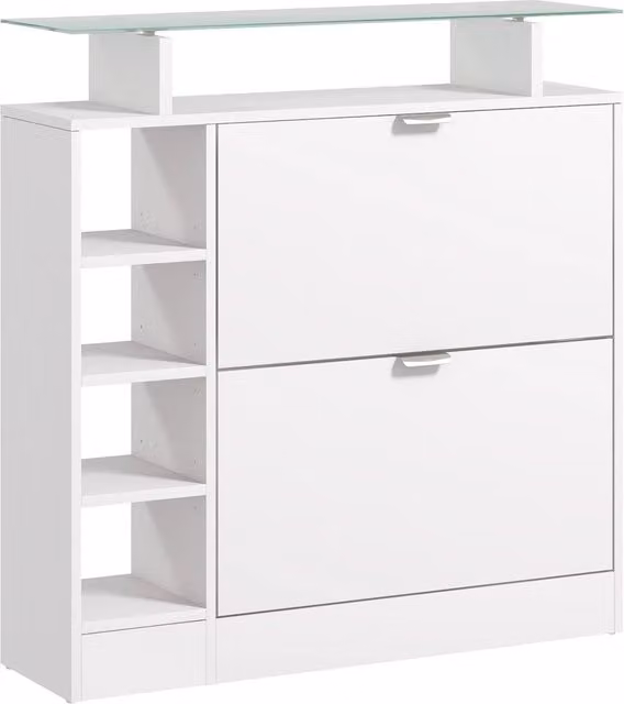 Scarpiera moderna bianca con 2 cassetti e ripiani regolabili L/P/H: 89 x 25 x 92 cm