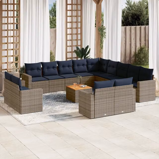 Set di Divani da Giardino vidaXL a Forma di U in Polyrattan Grigio e Blu con Cuscini e Tavolino da Esterno