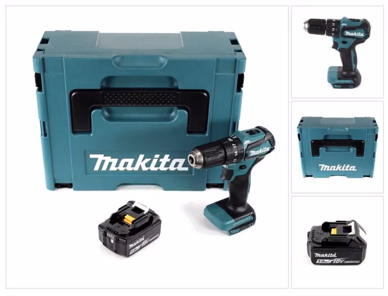 Makita DHP 483 T1J Trapano avvitatore a percussione nero a batteria 18V / 40Nm + 1x Batteria 5,0 Ah + Valigetta Makpac - senza caricabatterie