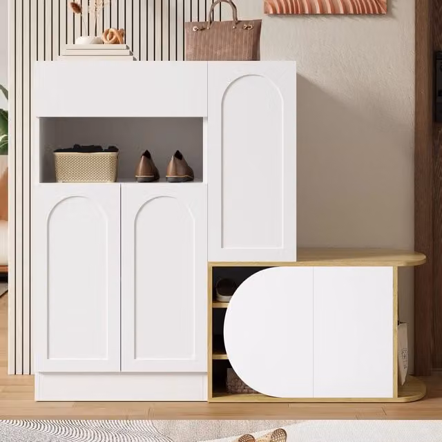 Scarpiera con panca e cassetto ¨C Minimal ¨C Bianco effetto legno 130x35x110,5 cm salvaspazio ingresso