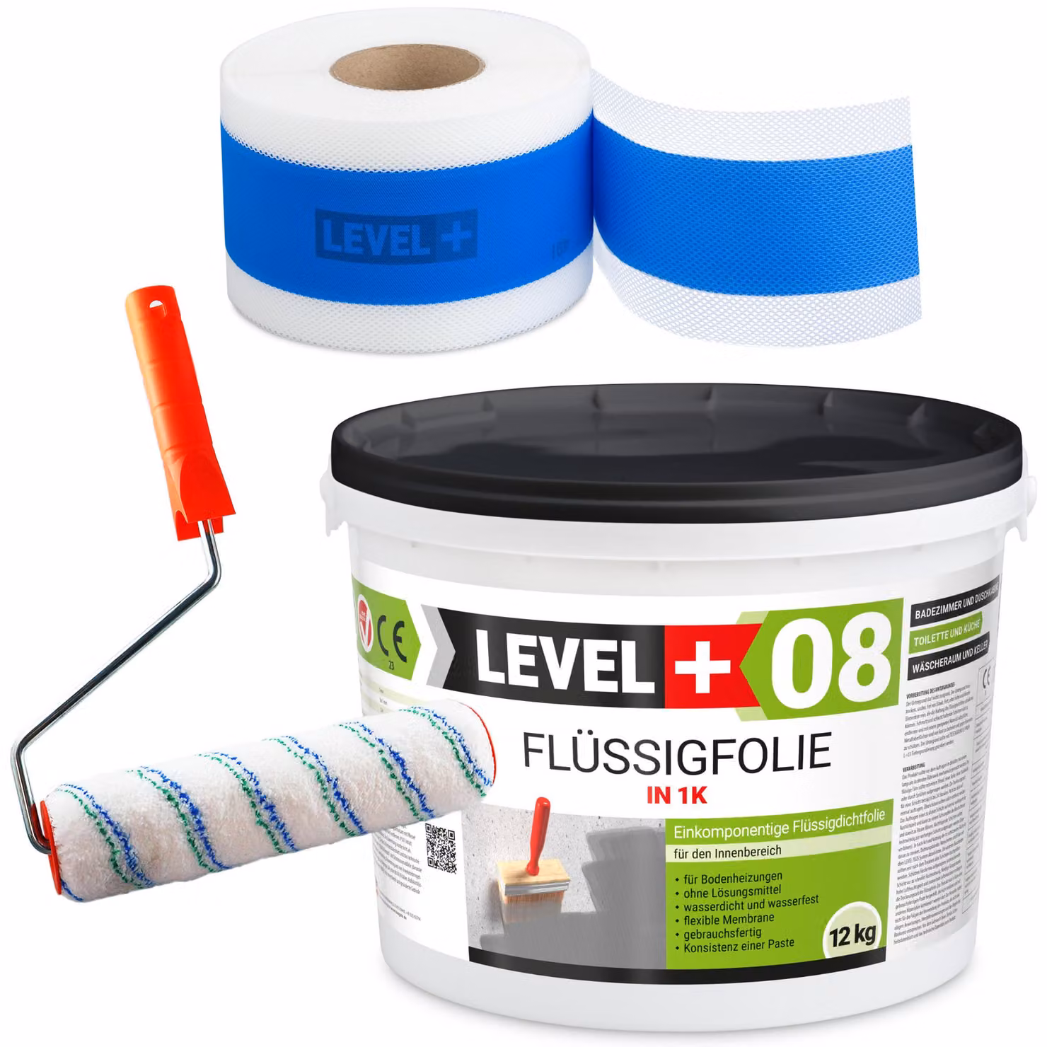 Kit impermeabilizzante: Membrana liquida 12 kg, Nastro sigillante 10 m + Rullo da pittura LEVEL+ SET293