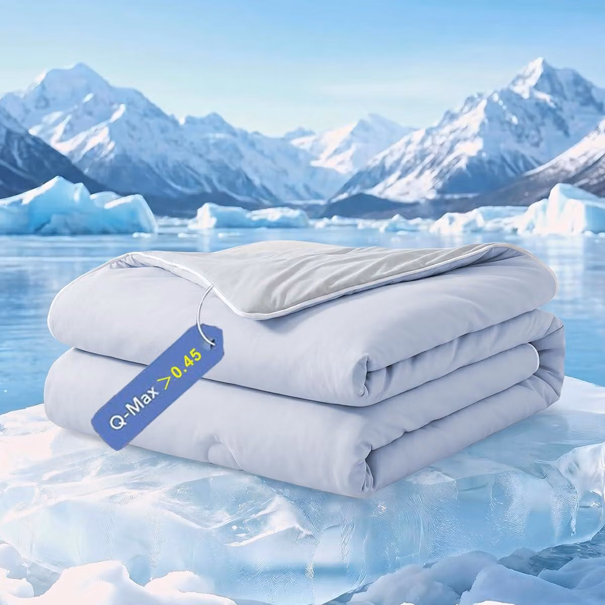 Coperta refrigerante 150x200 cm, realizzata in fibra Arc-Chill, con elevata capacità di raffreddamento (Q-Max >0,45), colore azzurro/grigio