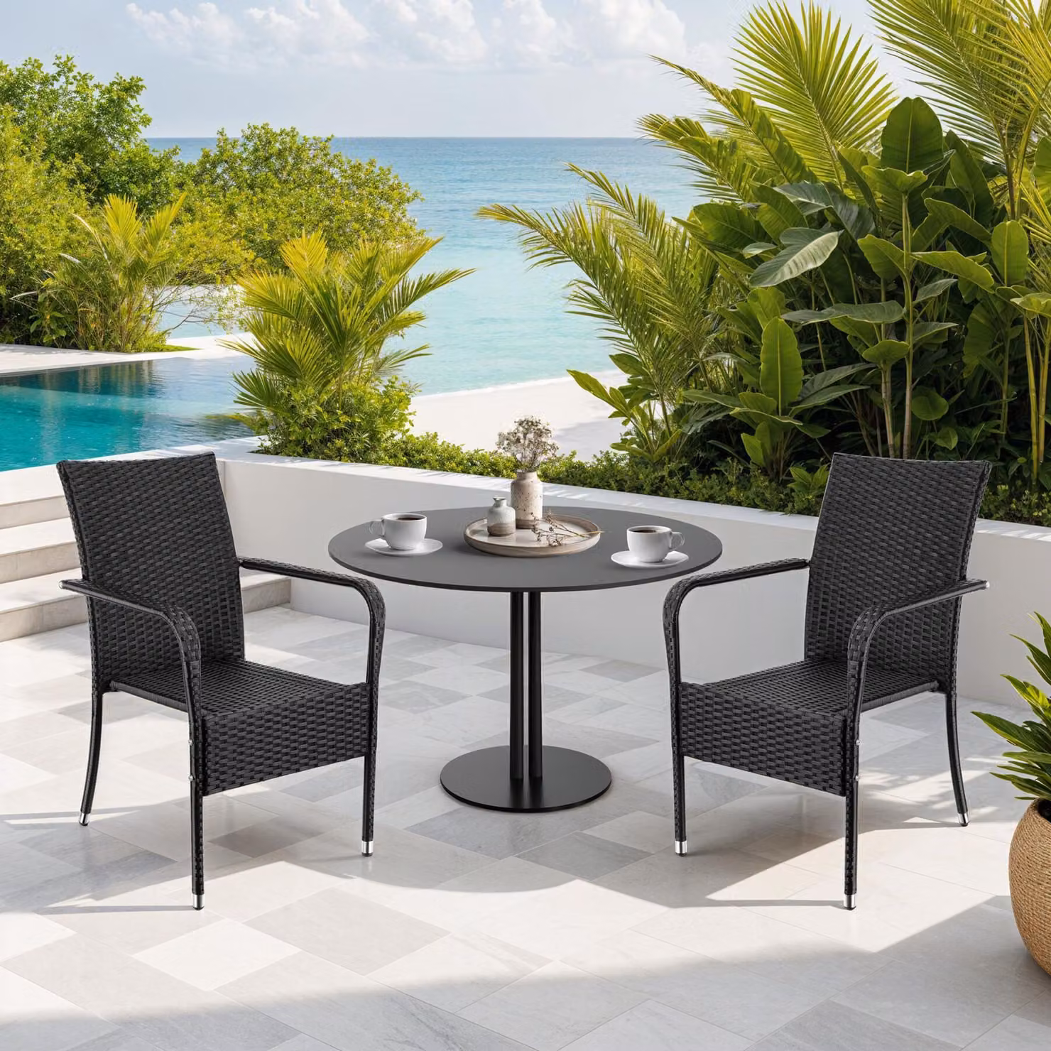 Set di 4 sedie impilabili in rattan e metallo tectake colore nero con braccioli per giardino e balcone – 2