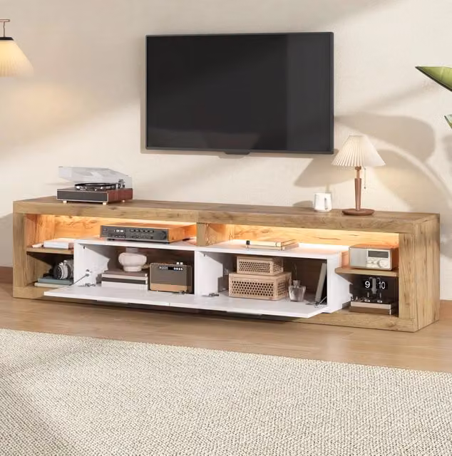 Mobile TV 180x35.5x50 cm con LED controllabili da app; 2 cassetti e 4 vani aperti in truciolare naturale