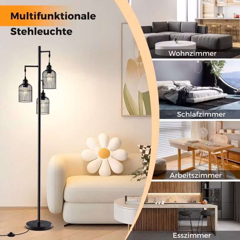 Lampada da terra industriale, 3 paralumi, interruttore a pedale, nero, 169 cm