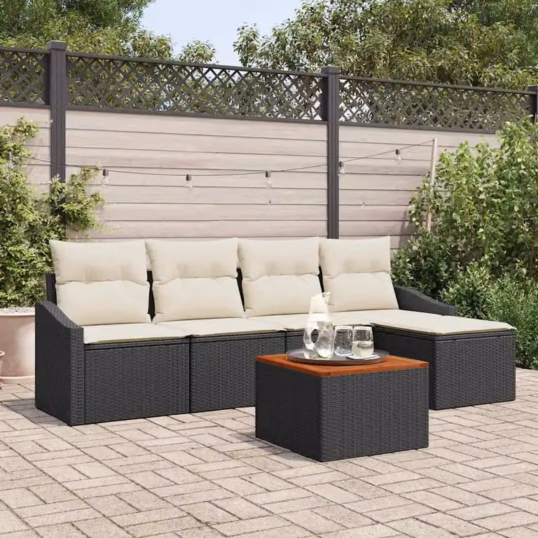 Set Divano da Giardino 6 pz vidaXL in Polyrattan Nero e Beige con Cuscini e Tavolino