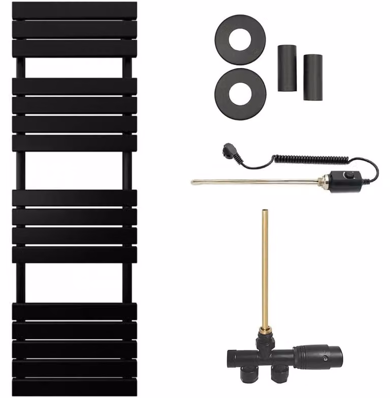 CERANO - Set radiatore da bagno Claude - riscaldamento combinato, barra termica - attacco laterale a punto singolo - 866 W - nero opaco - 1600 x 500 mm