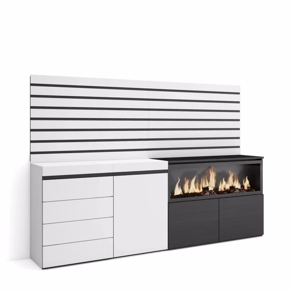 Credenza con Camino Elettrico XXL e Cassettiera SKRAUT HOME, Bianco, L: 214 cm, P: 35 cm, H: 145 cm – 2
