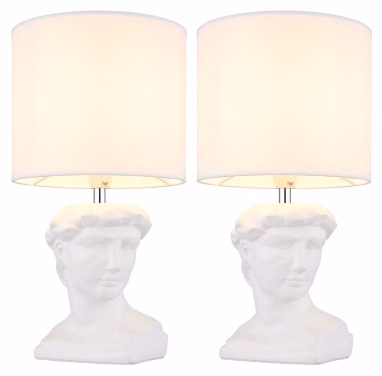 2 lampade da tavolo, in Vetroceramica, con paralume in tessuto, colore bianco, con interruttore, attacco E14, altezza 33 cm