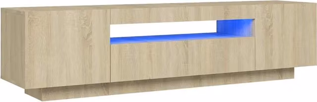 Mobile TV moderno con luci LED integrate in finitura Rovere Sonoma e dettagli beige, L 160 x P 35 x H 40 cm – 1