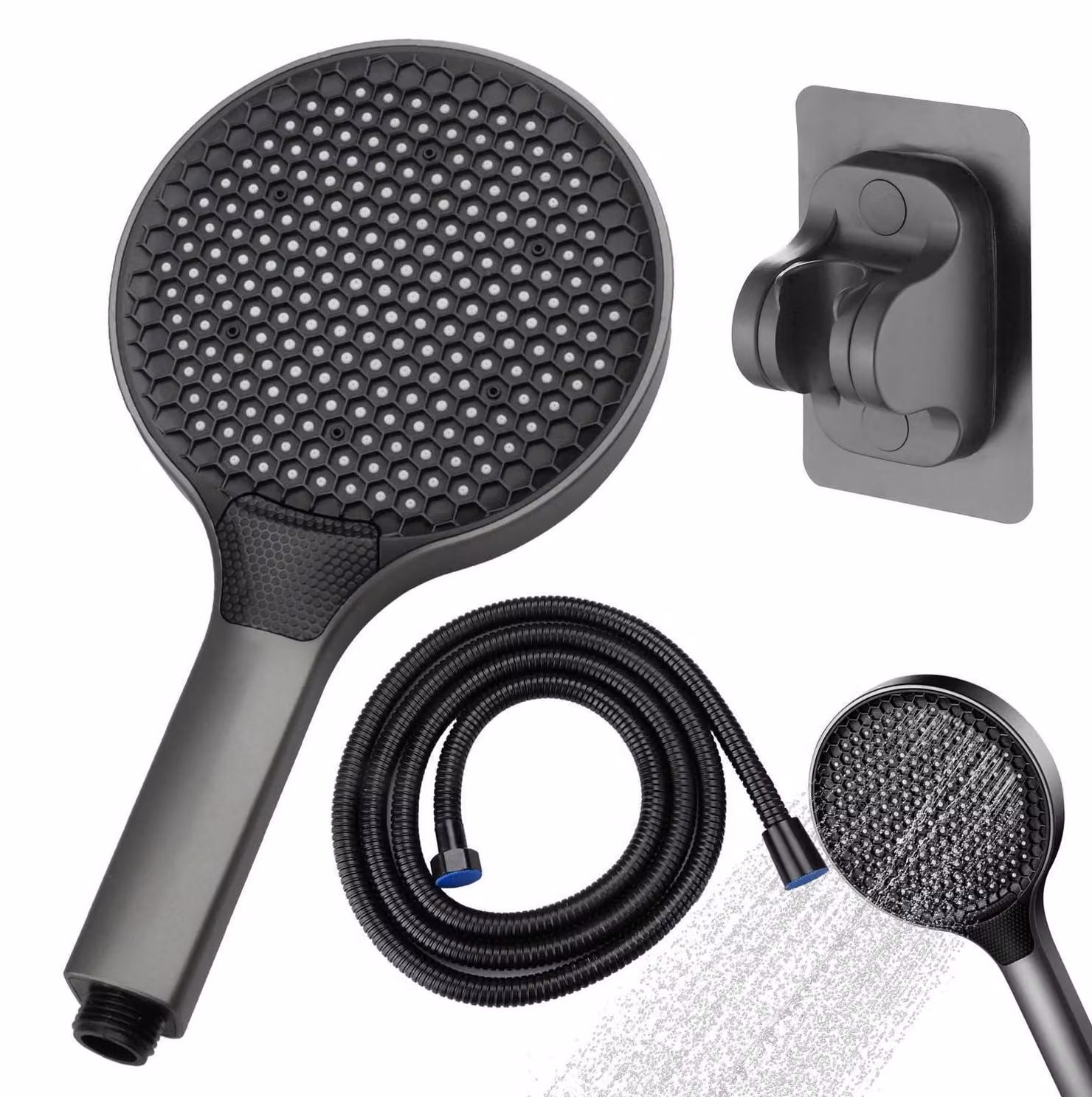 Doccia con flessibile, lunghezza 1,5 metri, a risparmio idrico, 3 tipi di getto, alta pressione, diametro 150 mm, colore grigio