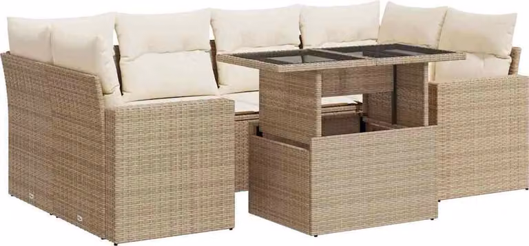 Set Divani da Giardino 7 pz con Cuscini Beige in Polyrattan