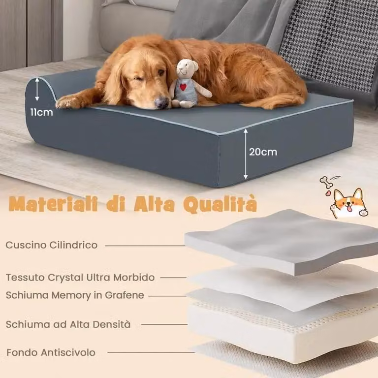 Cuccia ortopedica in memory foam per cani di grossa taglia, con poggiatesta