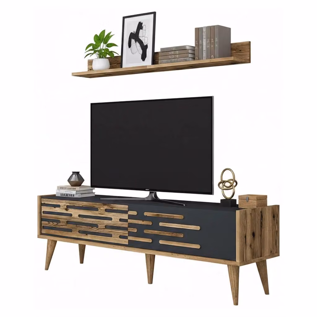 Mobile porta TV Arsiero moderno, credenza da soggiorno in noce e antracite, L 140 x P 45 x H 35 cm – 2