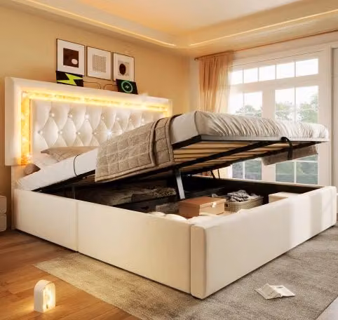 Desviae Letto contenitore 160 × 200 cm 2 posti con LED, USB e Type-C, in velluto, con materasso, beige