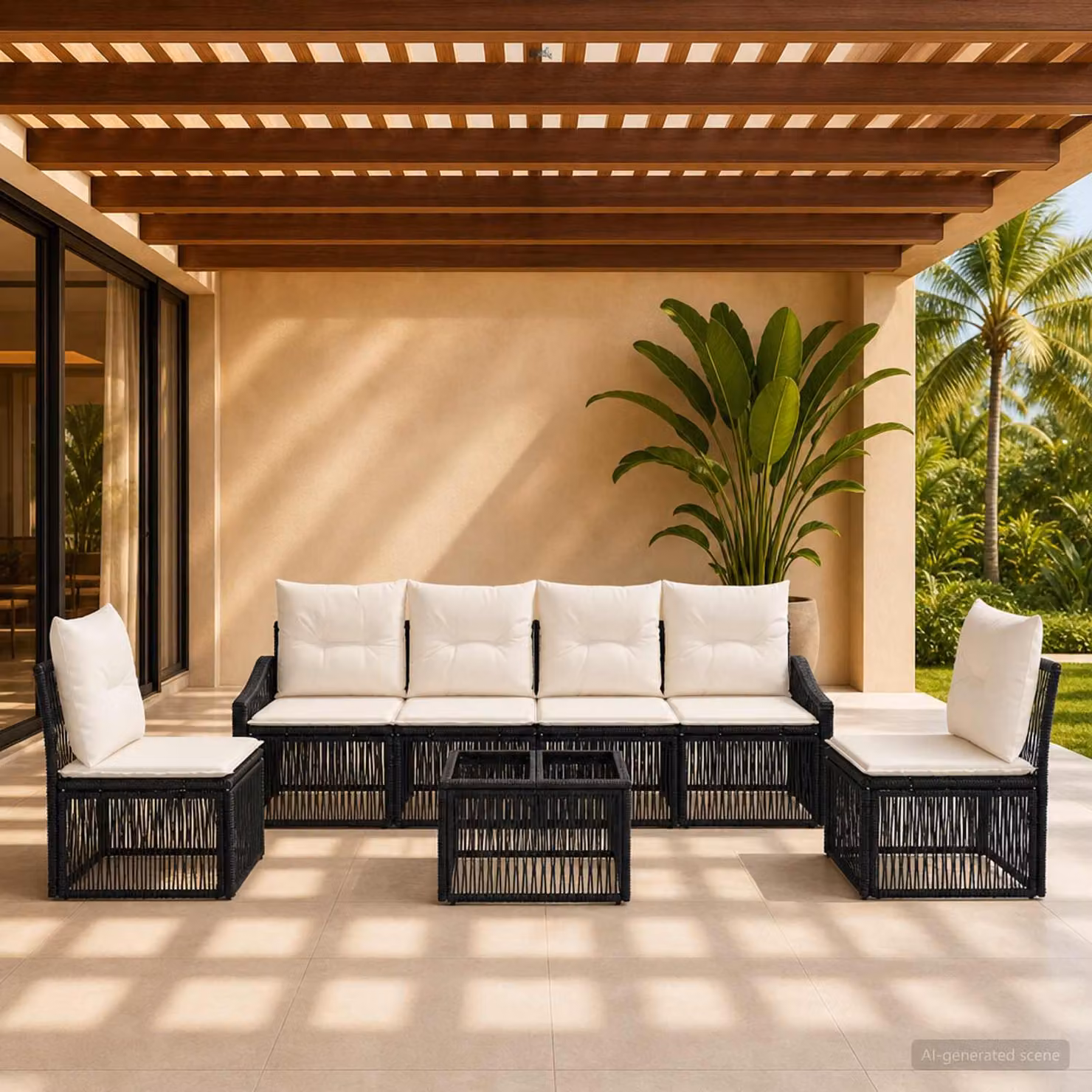 Set Divano da Giardino vidaXL 7 Pezzi Moderno Nero con Cuscini e Tavolino in Polyrattan e Acciaio