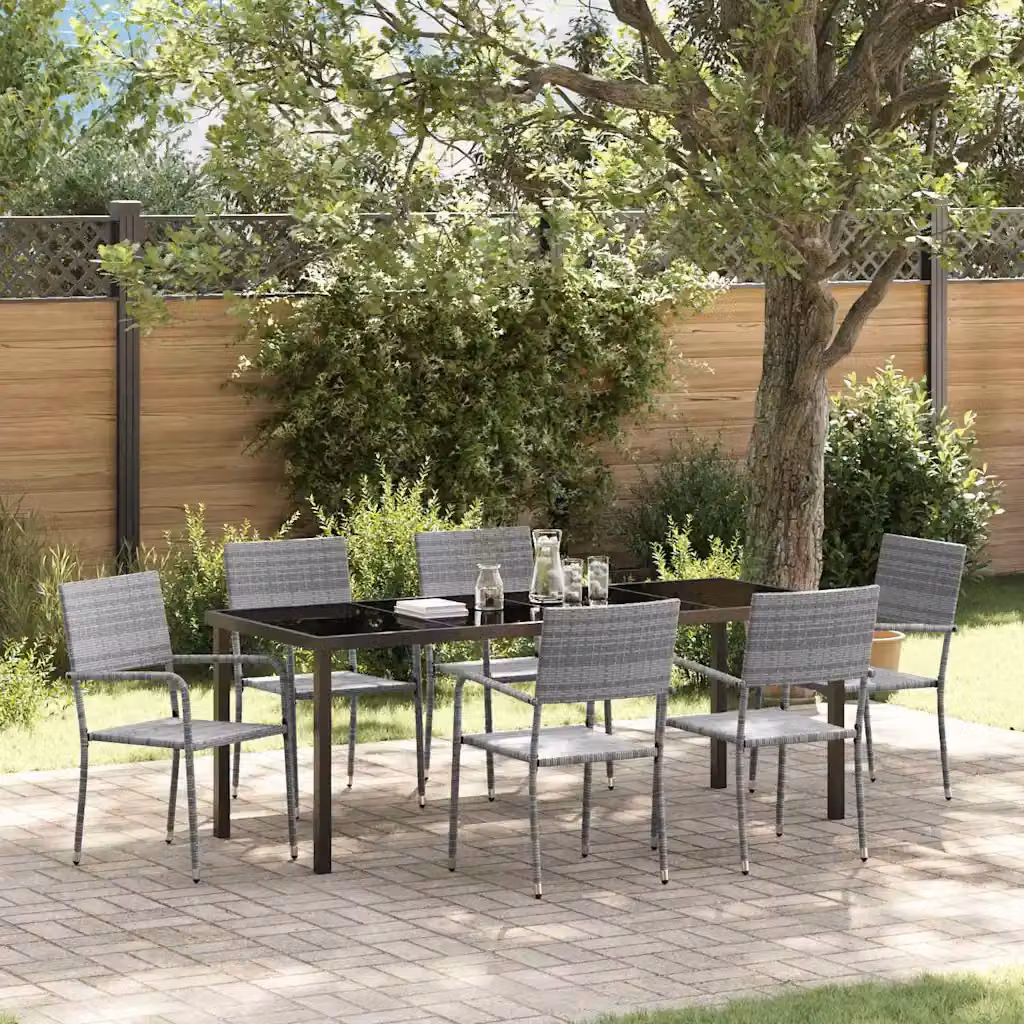 Set da pranzo per giardino e terrazzo vidaXL in polyrattan grigio con tavolo in vetro, 7 pezzi