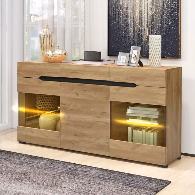 Credenza moderna in rovere marrone con illuminazione LED integrata per sala da pranzo