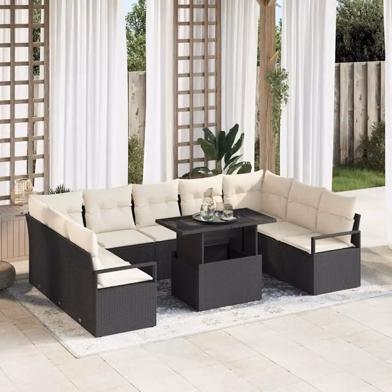 vidaXL Set Divano da Giardino 10 Pezzi con Tavolino Nero e Beige per 9 Persone
