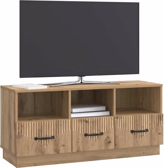 Mobile TV moderno in rovere artigianale marrone con cassetto e scomparti multimediali L: 102 cm, P: 34,5 cm, H: 47 cm