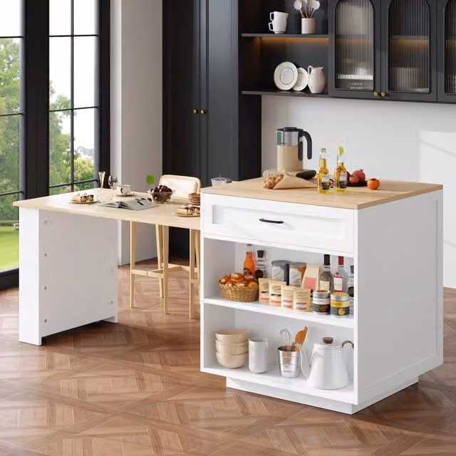 Tavolo da pranzo allungabile con 1 cassetto, vani aperti e ripiani laterali, in MDF, bianco, per cucina e soggiorno