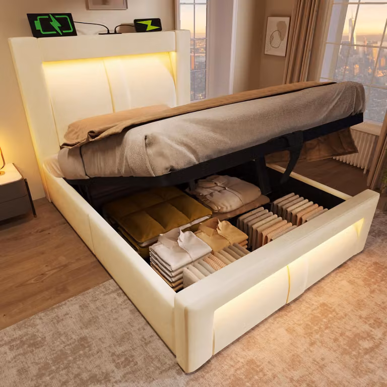 MODFU letto singolo 90x200 imbottito con spazio di archiviazione e illuminazione LED, struttura letto con porte di ricarica USB e Type-C, senza materasso, beige