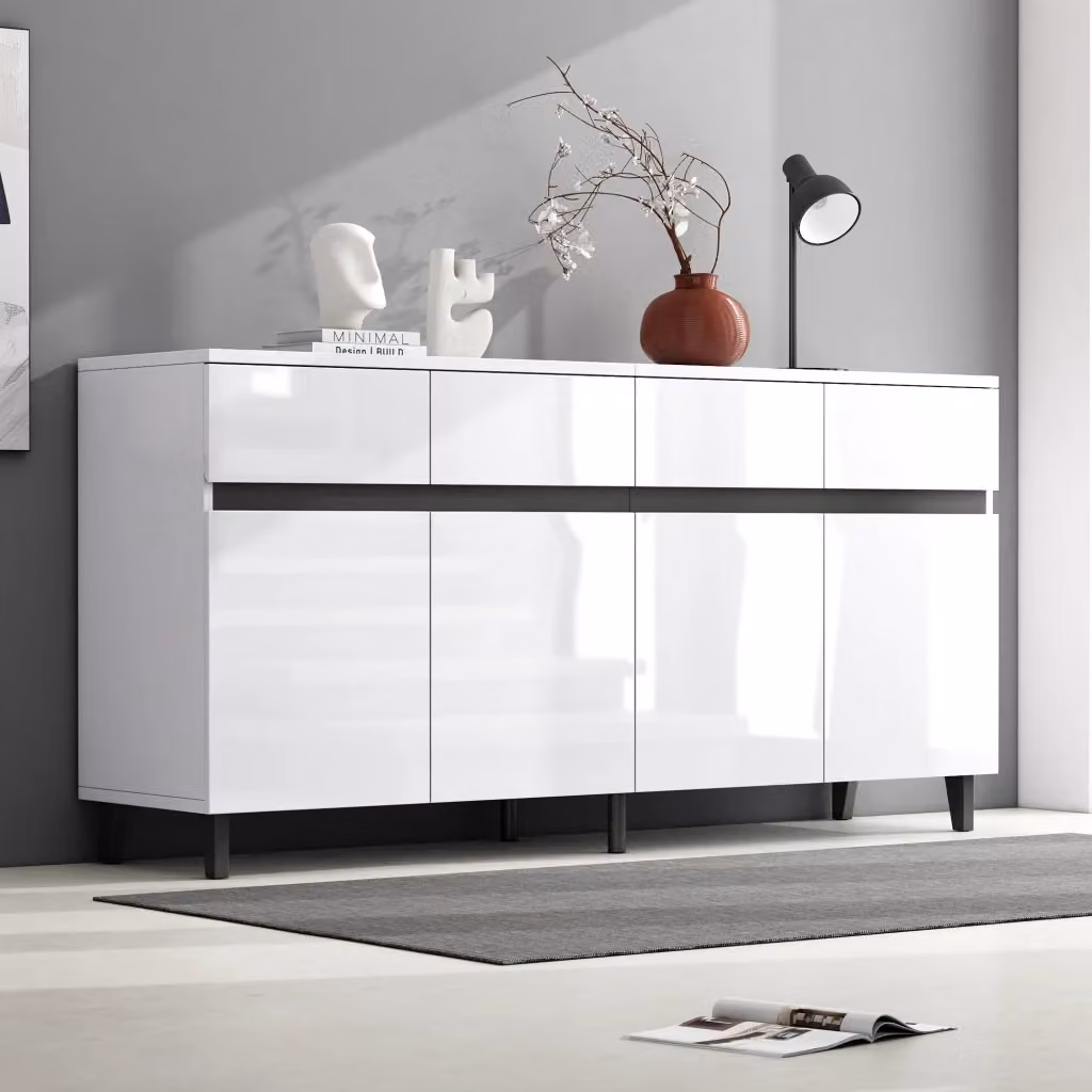 Credenza Mivray moderna con 4 cassetti e 2 ante con ripiani regolabili, finitura lucida bianca, L: 160 cm, P: 40 cm, H: 68 cm – 2