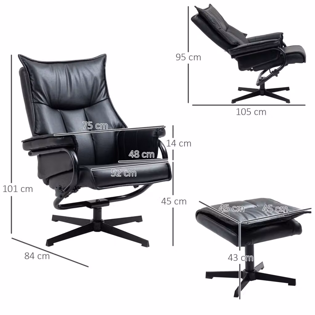 Poltrona relax girevole reclinabile WISHDOR in similpelle nera con poggiapiedi e struttura in acciaio – 2