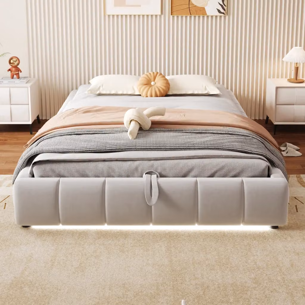 Letto singolo Chicfurn con contenitore a sollevamento, rivestimento in velluto beige e illuminazione LED sottostante, L/P/H: 140 x 200 x 41.53 cm – 2
