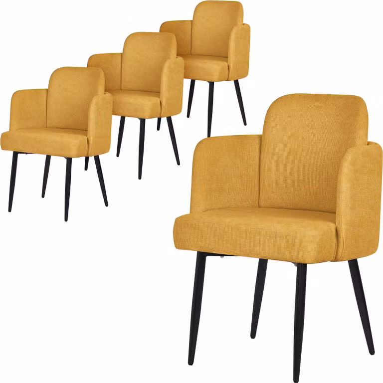 ML-Design set di 4 sedie da pranzo in tessuto senape Sedia da cucina con braccioli e schienale in rattan Sedia imbottita con gambe in metallo Ergonomica