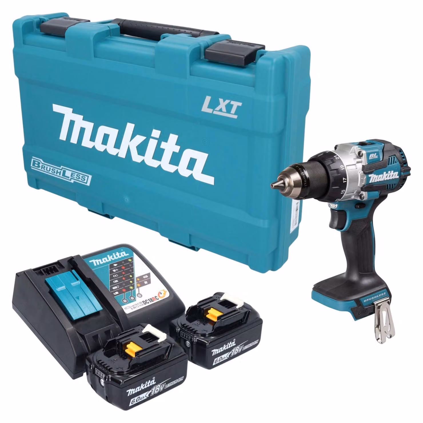 Trapano avvitatore a percussione a batteria Makita DHP 489 RGK 18 V 73 Nm brushless + 2 batterie da 6,0 Ah + caricabatterie + valigetta