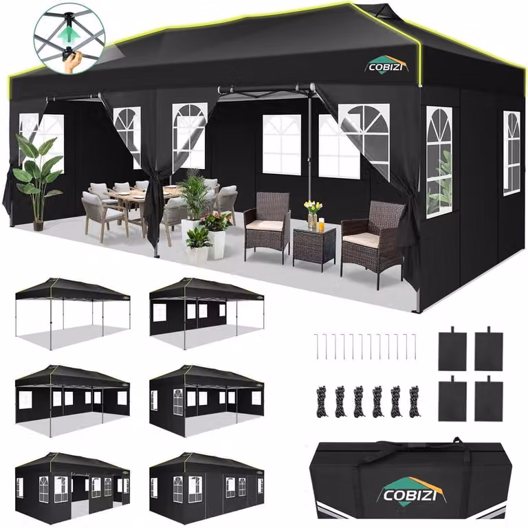 Gazebo da esterno 3x6 metri, colore nero, impermeabile, con 6 pareti laterali, protezione UV e sistema di chiusura centralizzato