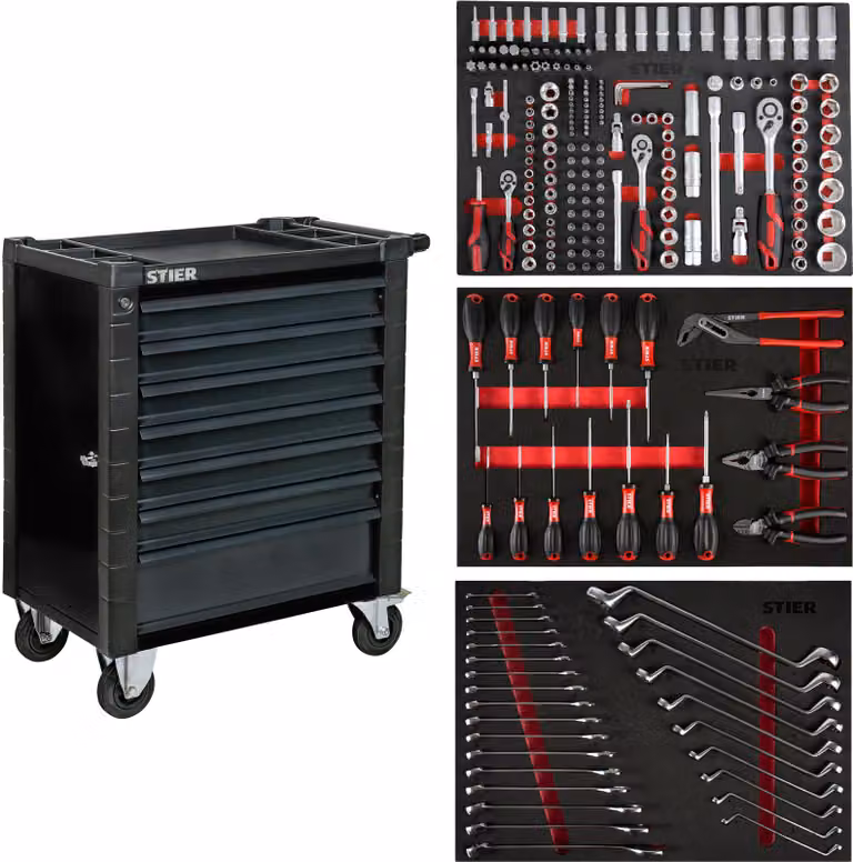 Carrello da officina STIER con dispositivo di protezione e porta laterale, equipaggiato con 223 pezzi, utensili in inserto di schiuma morbida (EVA), portata 350 kg