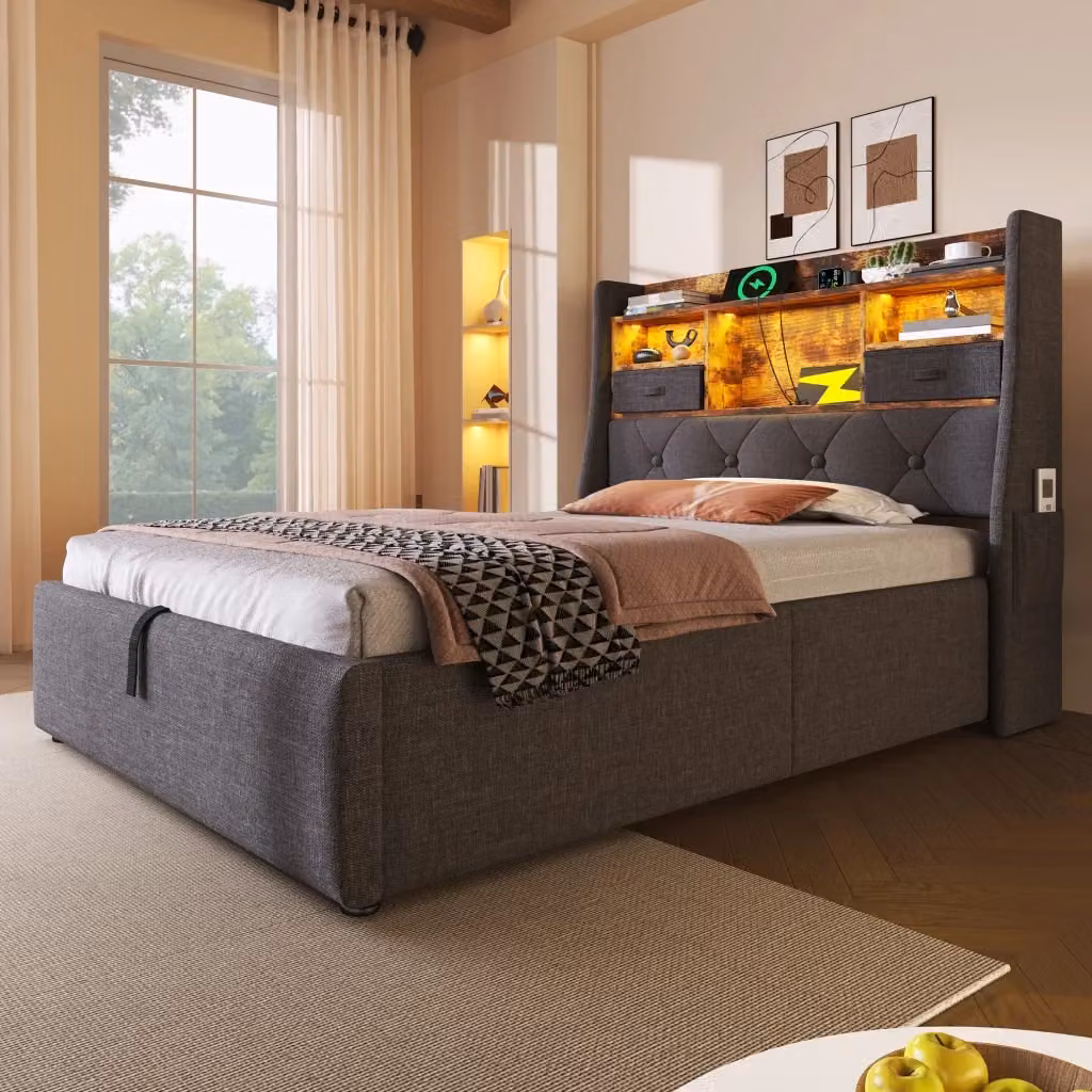Letto contenitore Mivray con testiera imbottita in lino grigio, illuminazione LED, porte di ricarica USB e rete a doghe, L/P: 90 x 200 cm – 2