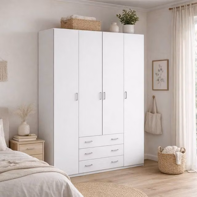 Armadio guardaroba DMORA a quattro ante con cassetti interni, colore bianco opaco, L: 154 cm, H: 200,4 cm, P: 49,5 cm