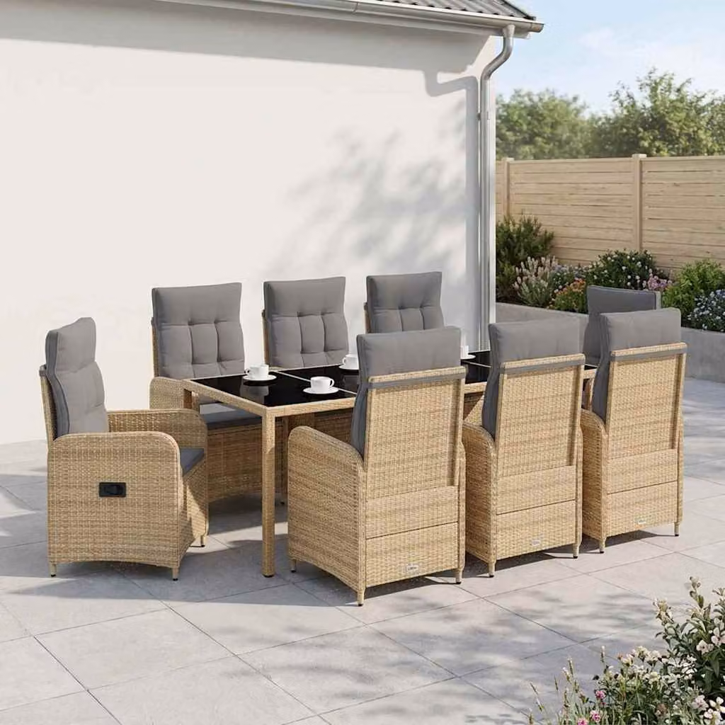 Set da pranzo per esterni vidaXL in polyrattan da 9 pezzi con tavolo in vetro, Beige e Grigio Chiaro