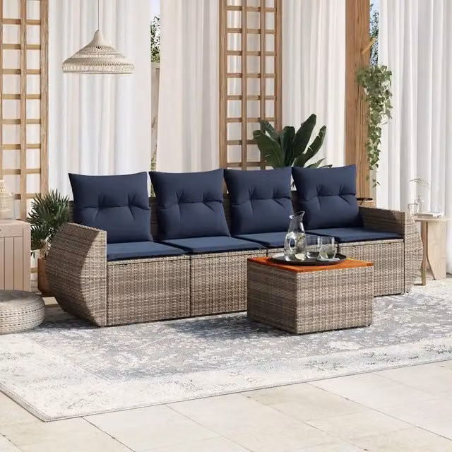 Set da giardino vidaXL composto da 5 pezzi in polyrattan con cuscini grigi e blu e tavolino coordinato – 1
