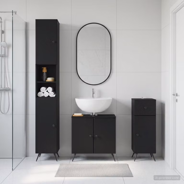 Set di armadietti da bagno moderni vidaXL BREDA in 3 pezzi, colore nero opaco, con mobile lavabo, colonna alta e mobile laterale