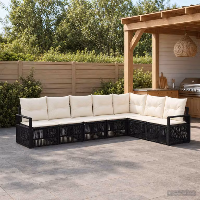 Set Divano da Giardino a L vidaXL in Polyrattan Nero con Cuscini e Struttura in Acciaio
