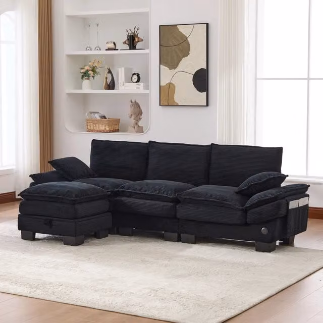 Divano 3 posti 260x132x84 cm modulare con pouf in velluto a coste nero