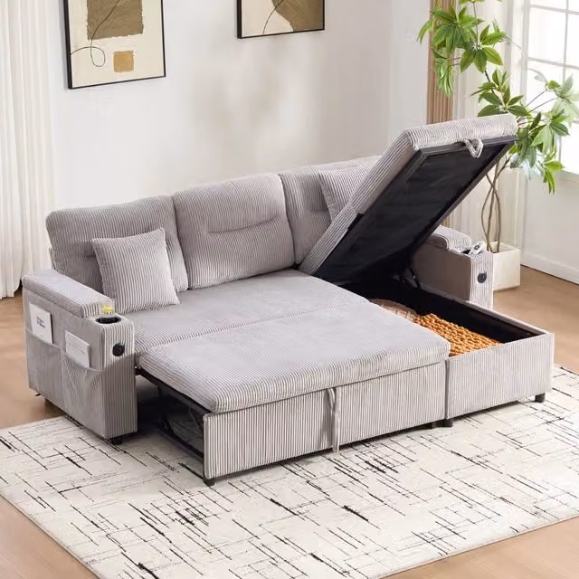Divano letto MIVRAY a 3 posti in velluto a coste grigio con chaise longue sinistra, contenitore, porta bicchieri e ricarica USB-C, L/P/H: 212.5 x 136.0 x 86.0 cm
