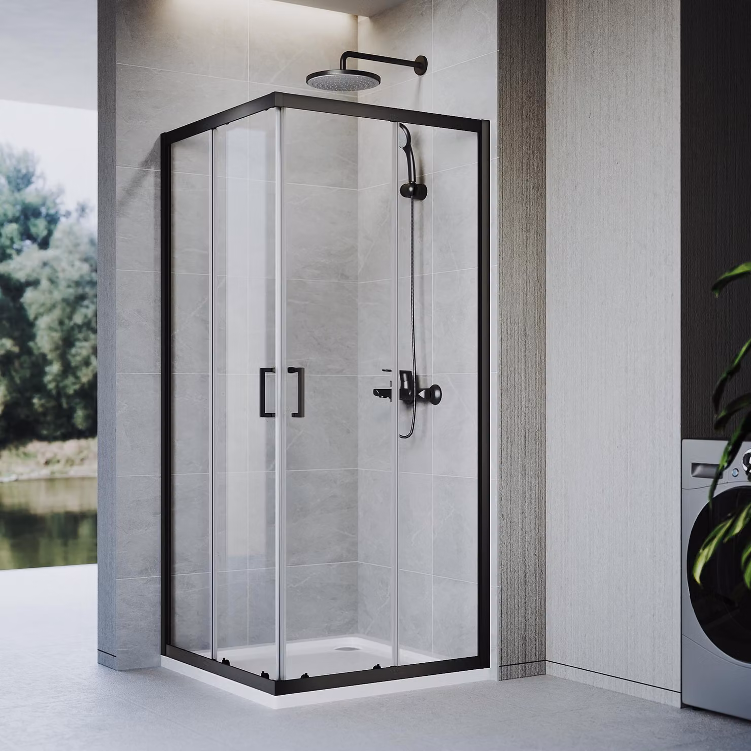 Cabina doccia SONNI 90 x 100 x 185 cm nero opaco, porta scorrevole con binario superiore e inferiore, vetro da 5 mm, telaio della porta con possibilità di regolazione di 20 mm