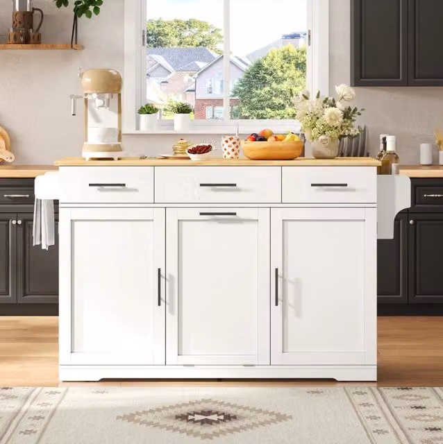 Isola cucina mobile con piano ribaltabile 136x75x92 cm in MDF bianco naturale