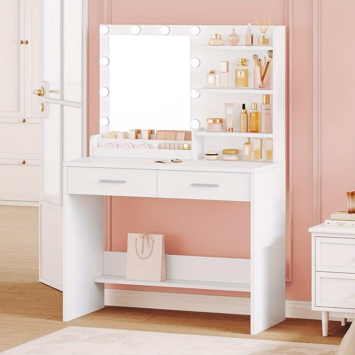 Comò da trucco - Tavolino da trucco - Specchio da trucco - Comò - Illuminazione a LED - 90 cm, bianco