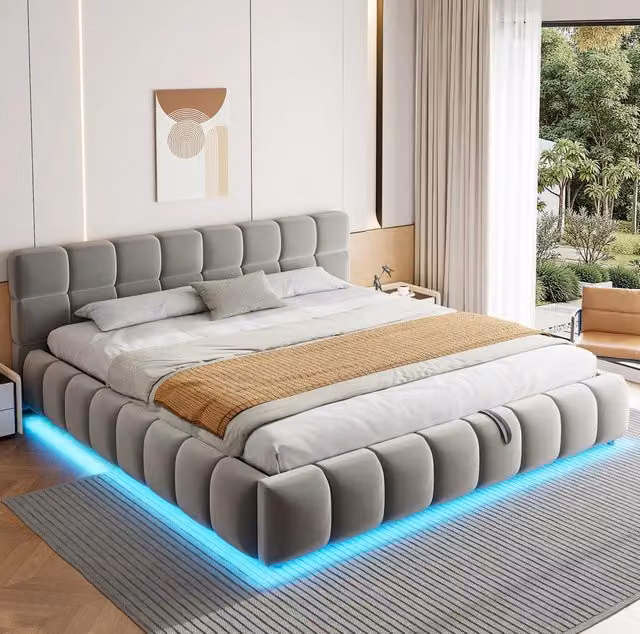 Letto imbottito 180x200 cm con contenitore idraulico e LED in velluto grigio